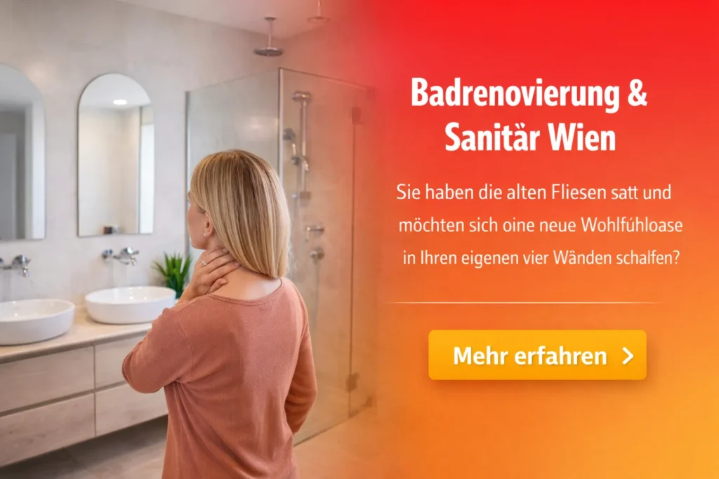 Eine Frau steht in einem modernen Badezimmer mit zwei Waschbecken. Die Wände sind hell und die Einrichtung ist stylish. Text auf der rechten Seite hebt Badrenovierung und Sanitär in Wien hervor. Das Bild vermittelt ein Gefühl von Komfort.