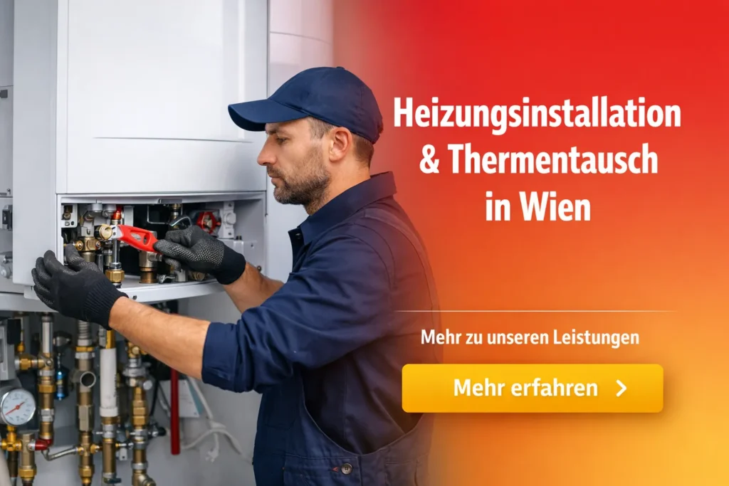 Ein Installateur arbeitet an einer Heizungsanlage in Wien. Er trägt Handschuhe und nutzt Werkzeug, um ein Bauteil zu installieren. Im Hintergrund sind Rohre und Armaturen sichtbar. Text beschreibt Heizungsinstallation und Thermentausch in Wien.