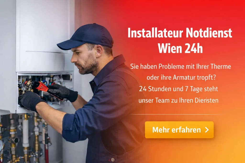 Ein Installateur arbeitet an einer Heizungsanlage. Auf der rechten Seite steht der Text "Installateur Notdienst Wien 24h" mit einer Aufforderung, mehr zu erfahren. Die Grafik vermittelt Dienstleistungen in Wien, bietet Unterstützung rund um die Uhr.