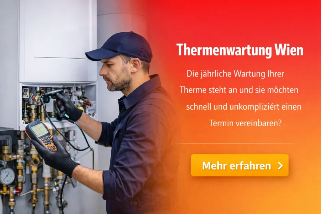 Ein Installateur überprüft eine Heiztherme mit einem Messgerät. Im Hintergrund sind Heizungsleitungen und Ventile sichtbar. Der Text "Thermenwartung Wien" und die Frage zur Terminvereinbarung sind transparent im Bild. Keywords: installateur wien, installateur in wien.